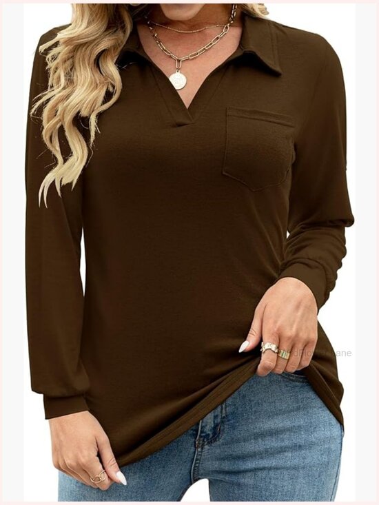 Tops - Womens V Neck Polo Short Sleeve Collared Tunic Blouse Pocket Loose Casual